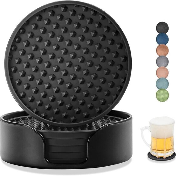 Coasters for Drinks, Silicone Coasters Set of 6 with ABS Holder, Outdoor Coaster - Picture 1 of 8